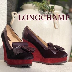 💯 LONGCHAMP tassel wedge leather suede combo shoes size 8 burgundy